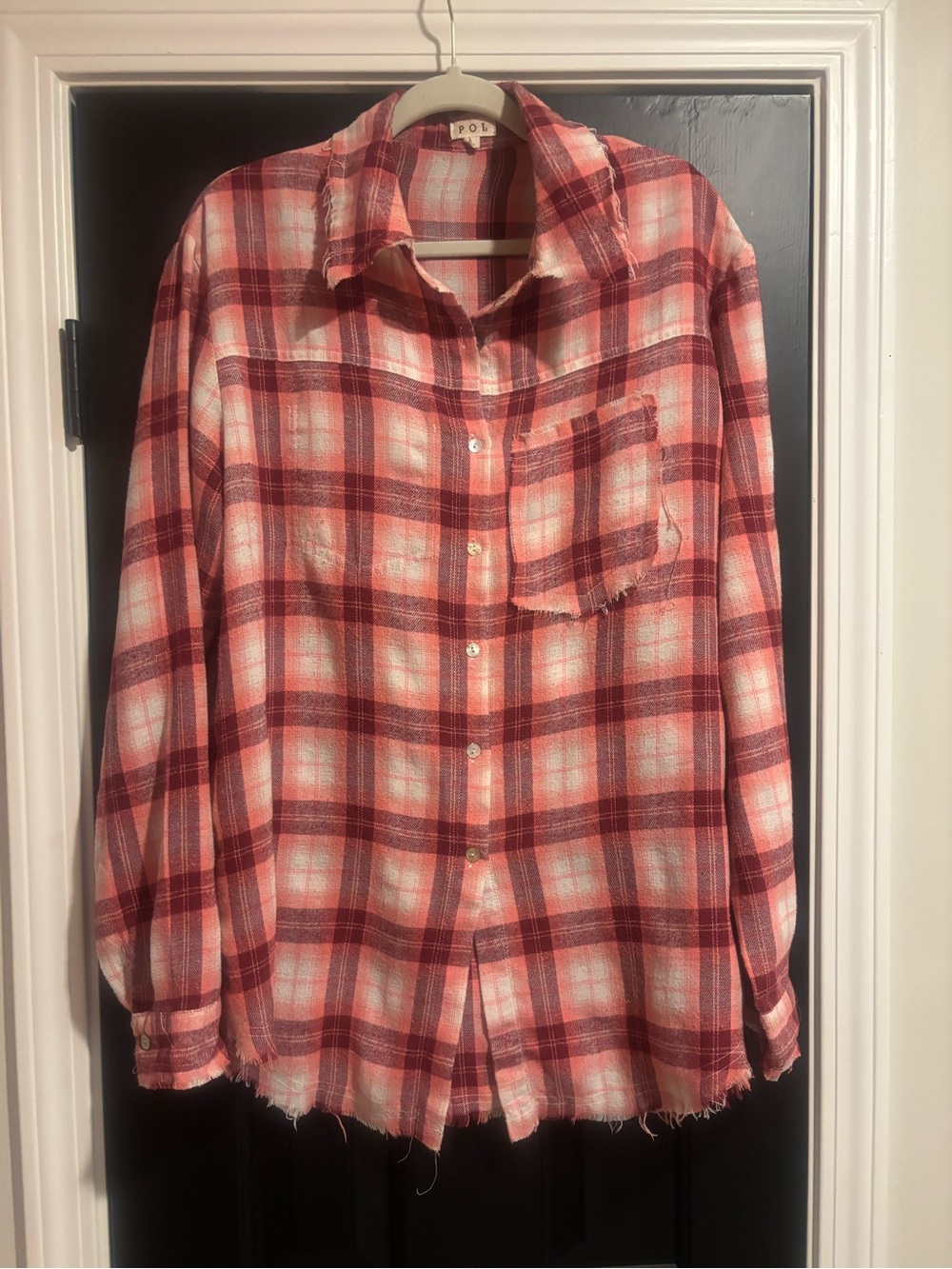 POL Women's Red & White Plaid Button-Down Shirt